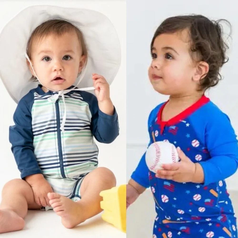 Rugged Butts Coastal Stripes and Play Ball Boys Swim Rash Guard Suits